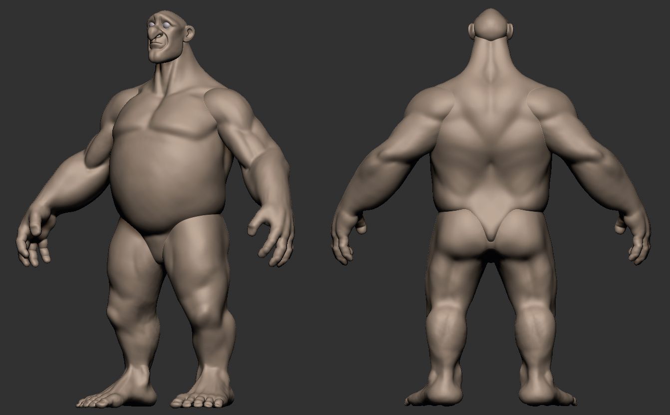 Blocking of Brokkr character in ZBrush. Full body view, three-quarter and back.