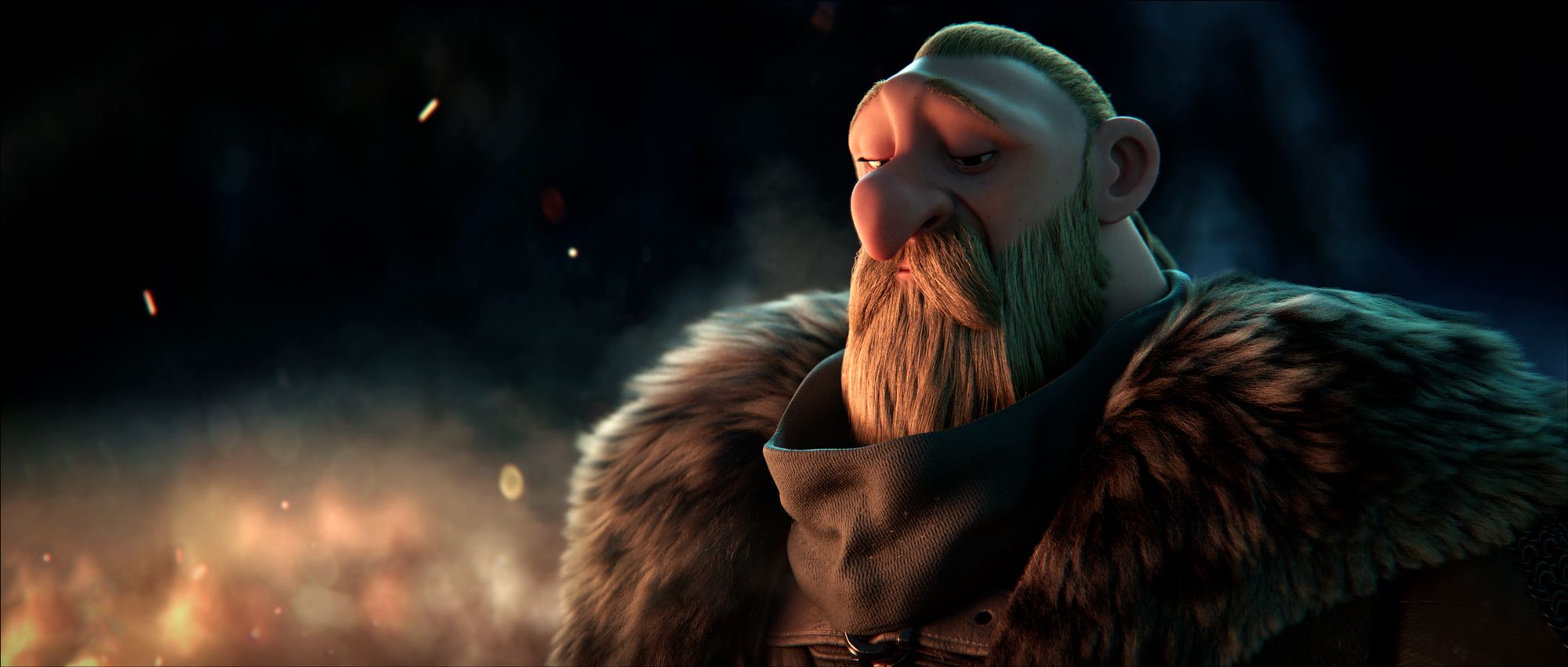 Melancholic viking Brokkr with blond beard and leopard pelt, gazes at campfire in dark wood; Pixar/Disney-style 3D character.