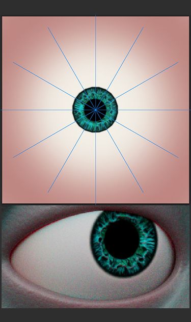 Eye painting process, showcasing the use of radial symmetry to add a pinkish color (top), followed by a rendering test in Maya (bottom).