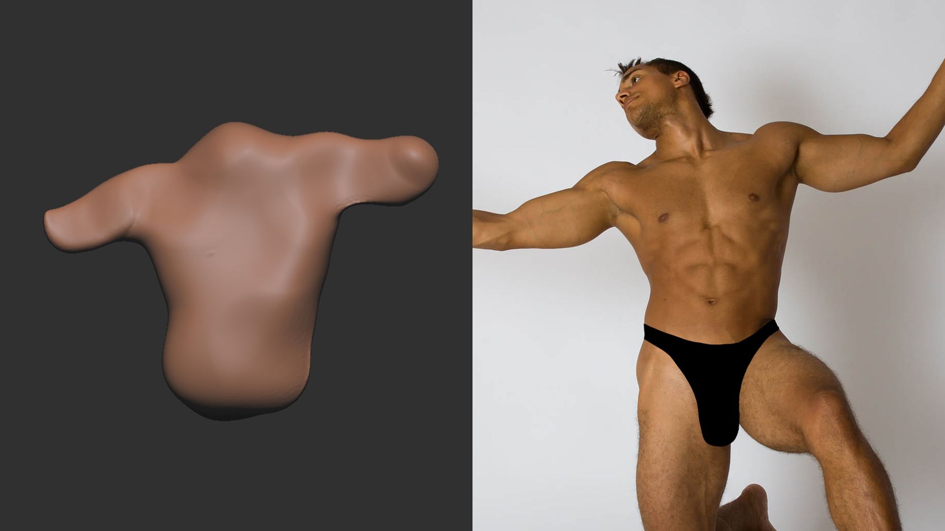 A Sculpted Model on the Left, Matching the Pose of a Male Model on the Right